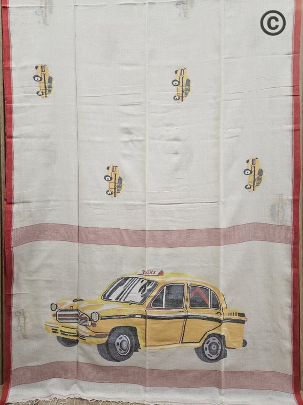Kolkata Yellow Taxi |  Art Of Handwoven Handspun cotton Jamdani Saree © Balaram Saha