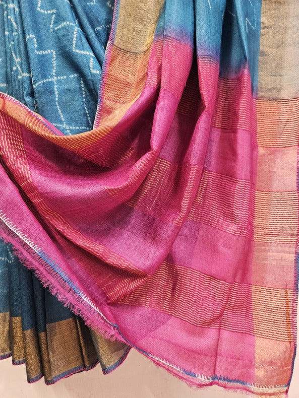 Blue & White Tie & Dye Tussar Silk Saree With Zari Border Balaram Saha