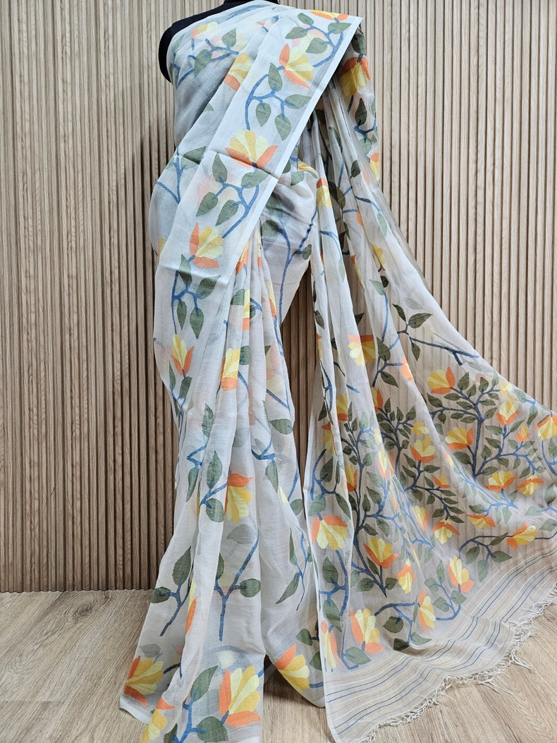 Off-White & Multicolor Faloral Handwoven Muslin Silk Jamdani Saree Balaram Saha