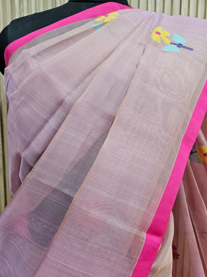 Onion Pink & Magenta Handwoven Muslin Silk Jamdani Saree Balaram Saha