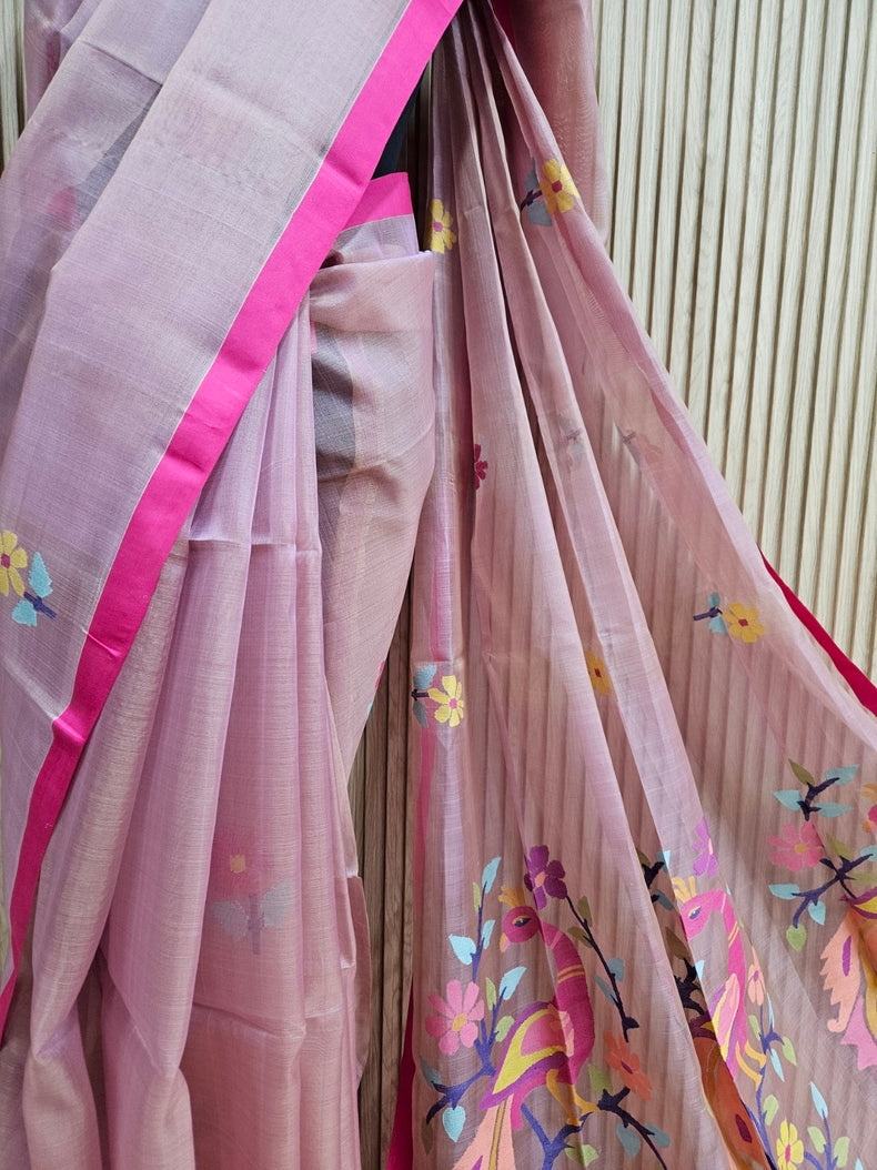 Onion Pink & Magenta Handwoven Muslin Silk Jamdani Saree Balaram Saha