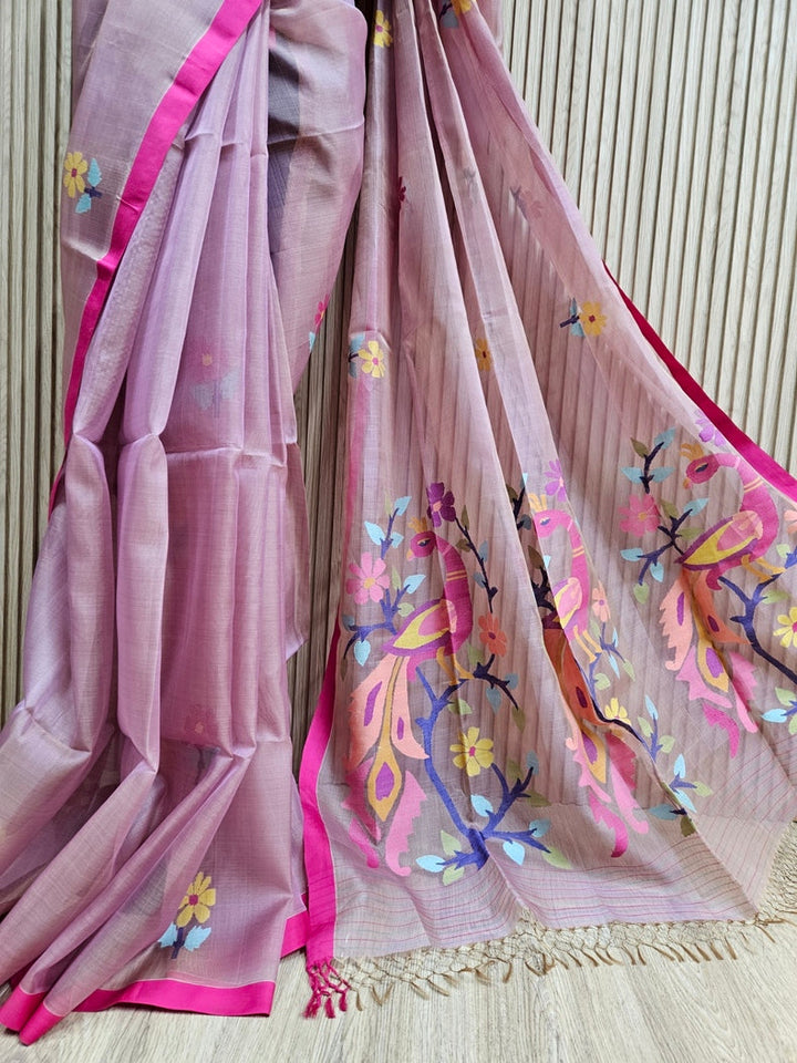 Onion Pink & Magenta Handwoven Muslin Silk Jamdani Saree Balaram Saha