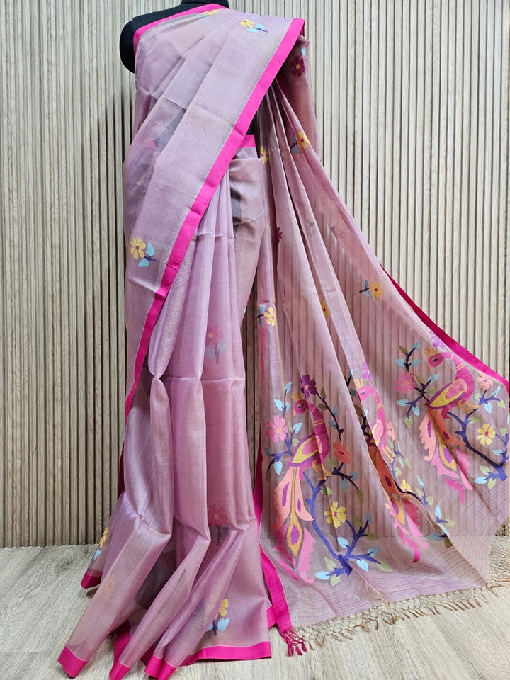 Onion Pink & Magenta Handwoven Muslin Silk Jamdani Saree Balaram Saha