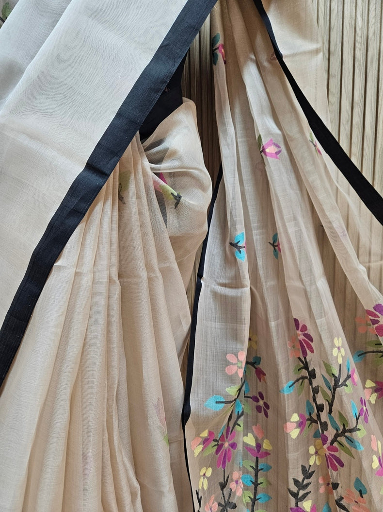 Beige & Black Handwoven Muslin Silk Jamdani Saree Balaram Saha
