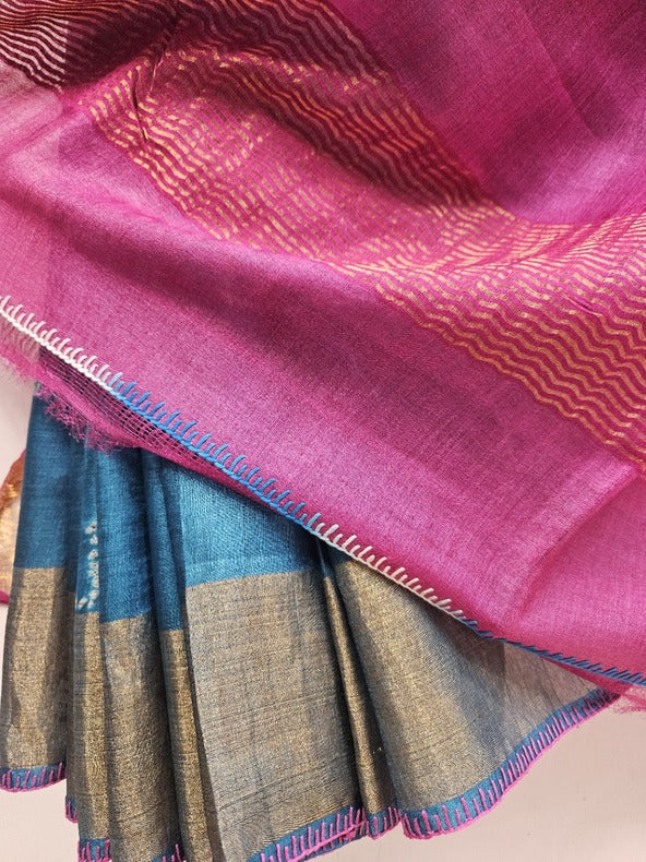 Blue & White Tie & Dye Tussar Silk Saree With Zari Border Balaram Saha