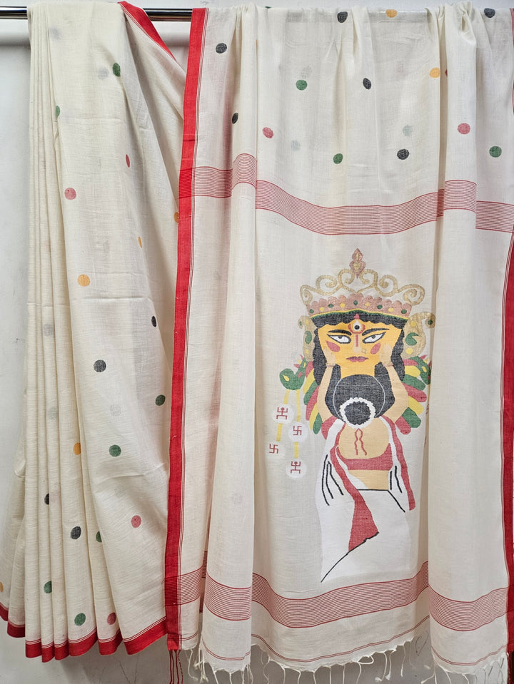 Handspun Handwoven Maa Durga Cotton Jamdani Saree By Balaram Saha - (dhakai jamdani saree, jamdani saree, jamdani sarees, cotton jamdani saree, jamdani cotton saree, handloom cotton saree, balaram saha online, jamdani saree online, soft jamdani saree, muslin jamdani saree, original dhakai jamdani saree, jamdani sarees, soft dhakai jamdani saree, white jamdani saree, jamdani saree bangladesh )