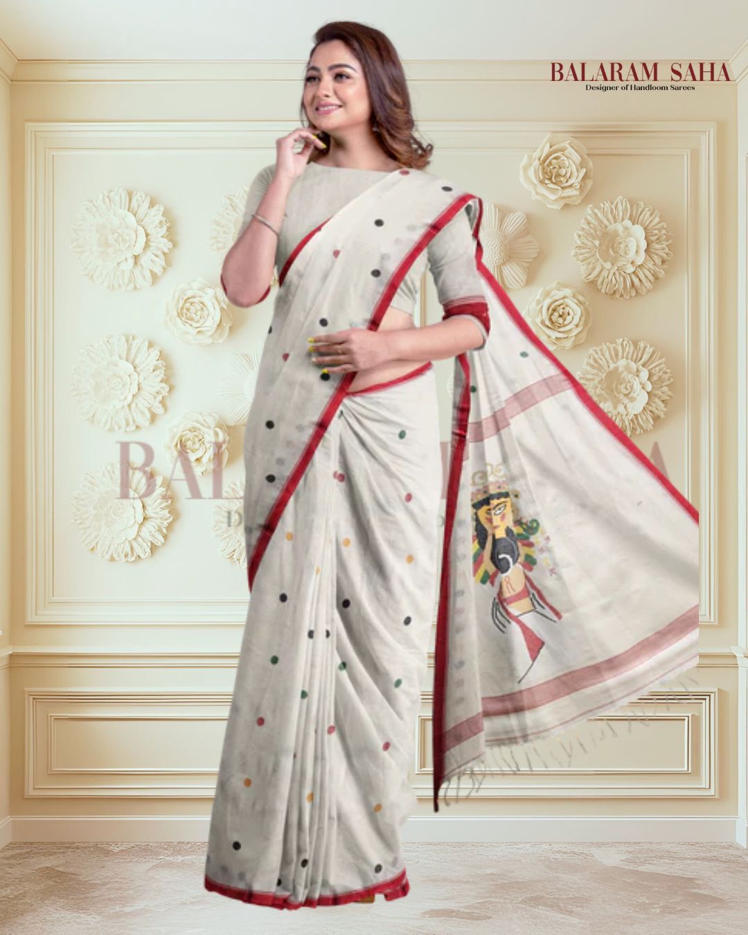 Handspun Handwoven Maa Durga Cotton Jamdani Saree By Balaram Saha - (dhakai jamdani saree, jamdani saree, jamdani sarees, cotton jamdani saree, jamdani cotton saree, handloom cotton saree, balaram saha online, jamdani saree online, soft jamdani saree, muslin jamdani saree, original dhakai jamdani saree, jamdani sarees, soft dhakai jamdani saree, white jamdani saree, jamdani saree bangladesh )