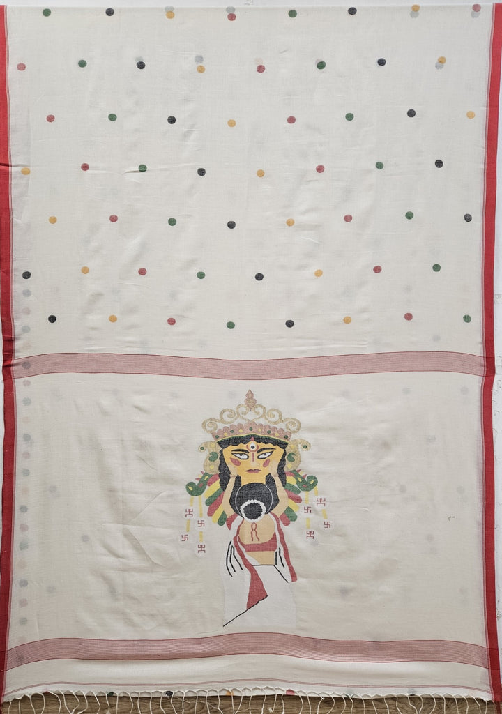 Handspun Handwoven Maa Durga Cotton Jamdani Saree By Balaram Saha - (dhakai jamdani saree, jamdani saree, jamdani sarees, cotton jamdani saree, jamdani cotton saree, handloom cotton saree, balaram saha online, jamdani saree online, soft jamdani saree, muslin jamdani saree, original dhakai jamdani saree, jamdani sarees, soft dhakai jamdani saree, white jamdani saree, jamdani saree bangladesh )
