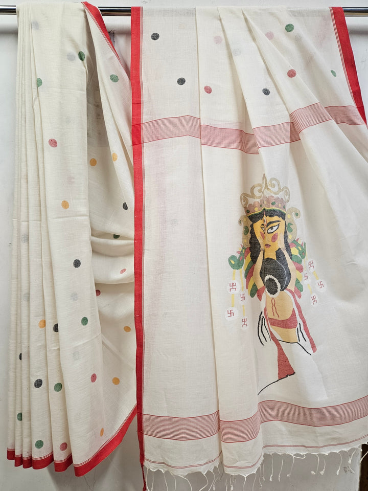 Handspun Handwoven Maa Durga Cotton Jamdani Saree By Balaram Saha - (dhakai jamdani saree, jamdani saree, jamdani sarees, cotton jamdani saree, jamdani cotton saree, handloom cotton saree, balaram saha online, jamdani saree online, soft jamdani saree, muslin jamdani saree, original dhakai jamdani saree, jamdani sarees, soft dhakai jamdani saree, white jamdani saree, jamdani saree bangladesh )
