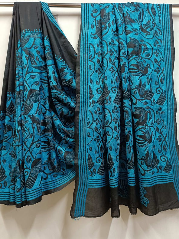 Black & Blue Handstitched Kantha Silk Saree - Pure Silk, Nakshi Kantha Balaram Saha