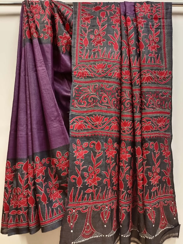 Purple & Black Handstitched Kantha Tussar Silk Saree - Pure Gachhi Tussar Silk Balaram Saha