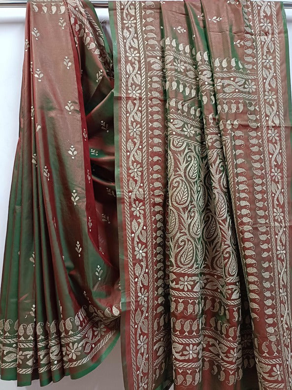 Green & Beige Handstitched Kantha Silk Saree - Pure Silk, Floral and Paisley Kantha Balaram Saha