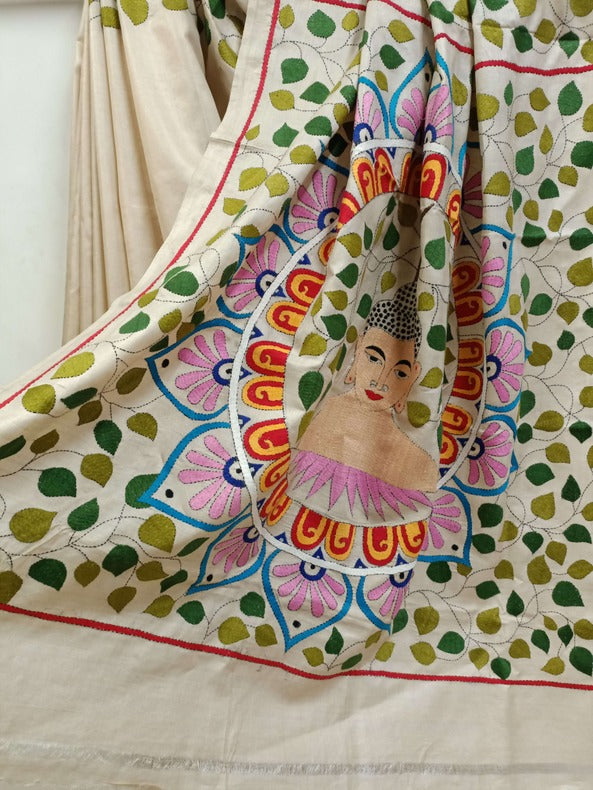 Pure Tussar Silk Kantha Stitch saree with Multi Colour cute Owls 🦉 Handstitched Balaram Saha