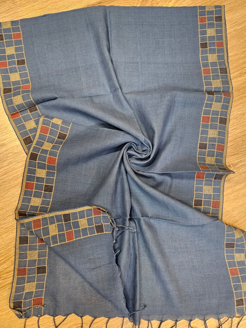 Blue & Multicolor Handloom Handwoven Cotton Jamdani Stole Balaram Saha
