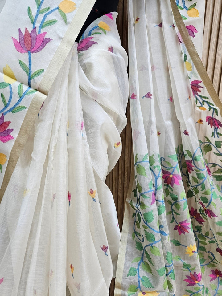 Off-White & Multicolor Handwoven Muslin Silk Jamdani Saree Balaram Saha