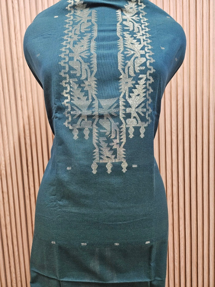 Teal Blue & Gold Zari Weave Handwoven Cotton Jamdani Unisex Kurta Unstitch Piece Balaram Saha