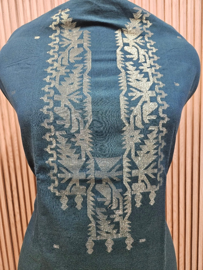 Teal Blue & Gold Zari Weave Handwoven Cotton Jamdani Unisex Kurta Unstitch Piece Balaram Saha