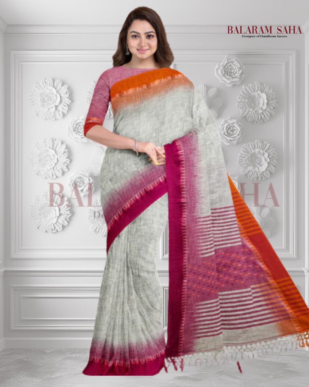 Off-White Premium Handloom Cotton Saree with Vibrant Ganga Jamun Border by Balaram Saha Balaram Saha