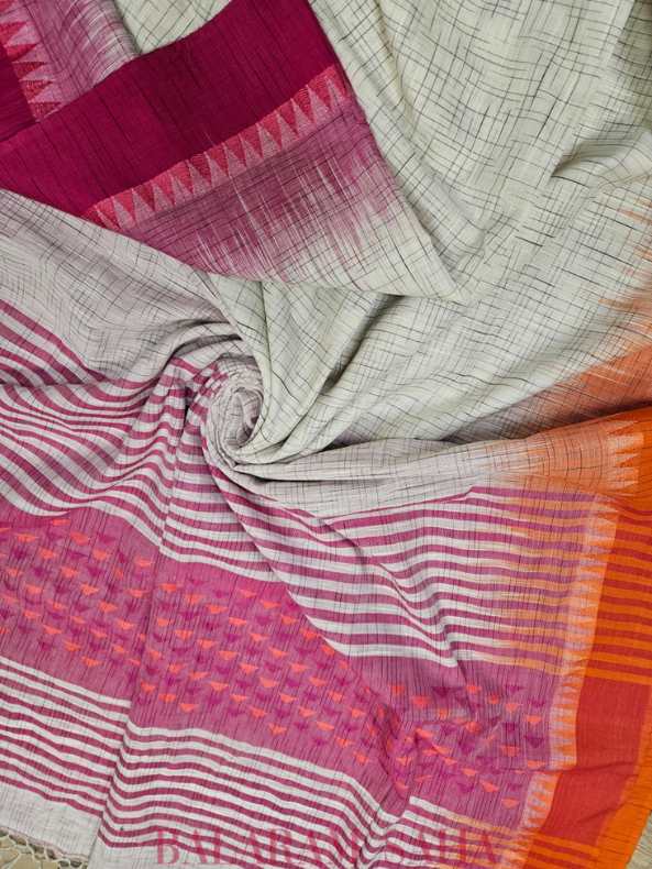Handwoven Elegance: Balaram Saha's Off-White Cotton Saree with Ganga Jamun Border - (handloom saree, cotton saree, handloom cotton saree, balaram saha online, handloom sarees, cotton handloom saree, bengal handloom sarees)