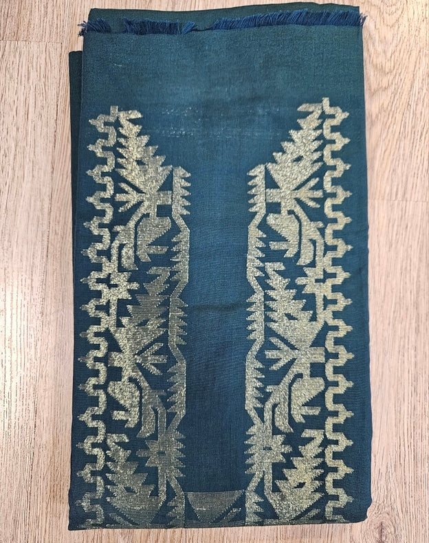 Teal Blue & Gold Zari Weave Handwoven Cotton Jamdani Unisex Kurta Unstitch Piece Balaram Saha