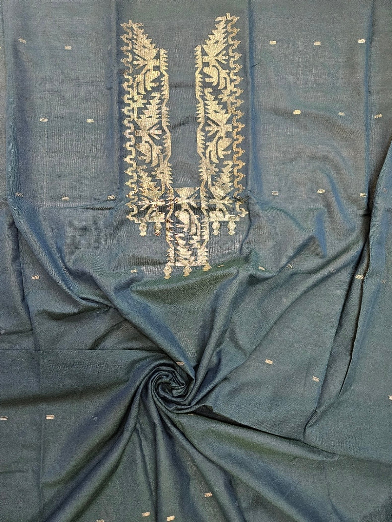 Teal Blue & Gold Zari Weave Handwoven Cotton Jamdani Unisex Kurta Unstitch Piece Balaram Saha