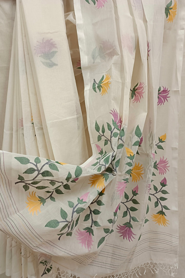 Off-White Traditional Handwoven Fine Cotton Jamdani Saree Balaram Saha