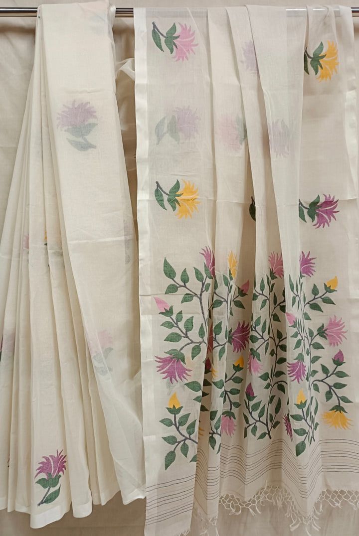 Off-White Traditional Handwoven Fine Cotton Jamdani Saree Balaram Saha