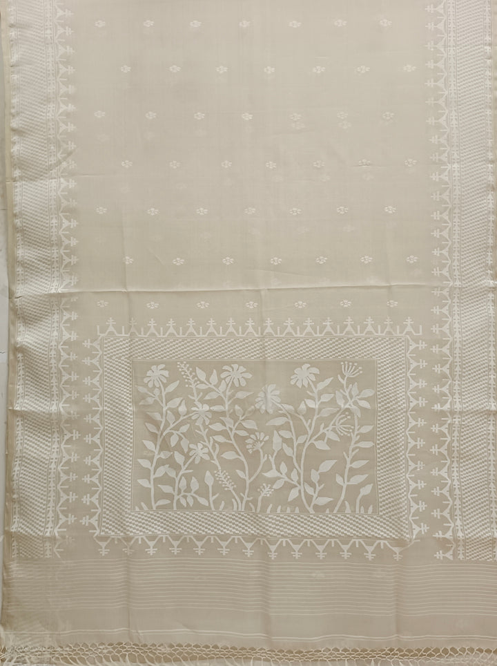 Off-White Handloom Handwoven Muslin Silk Jamdani Saree Balaram Saha