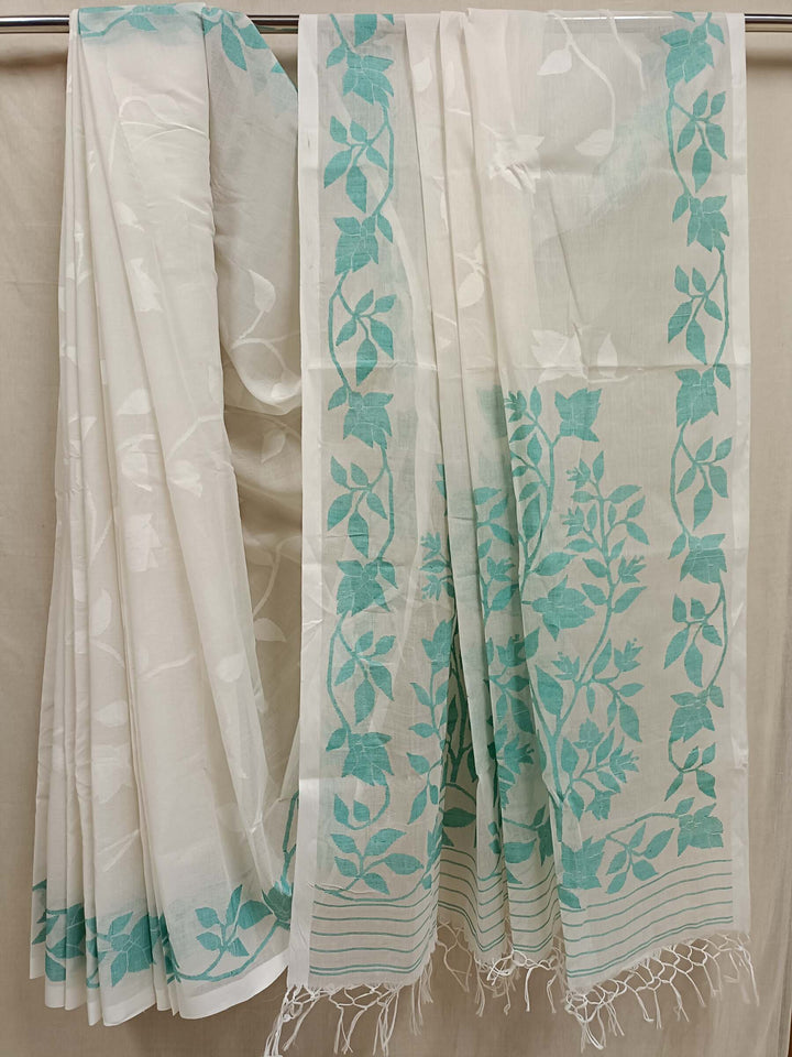 White & Green Fine Cotton Handwoven Dhakai Jamdani Saree Balaram Saha