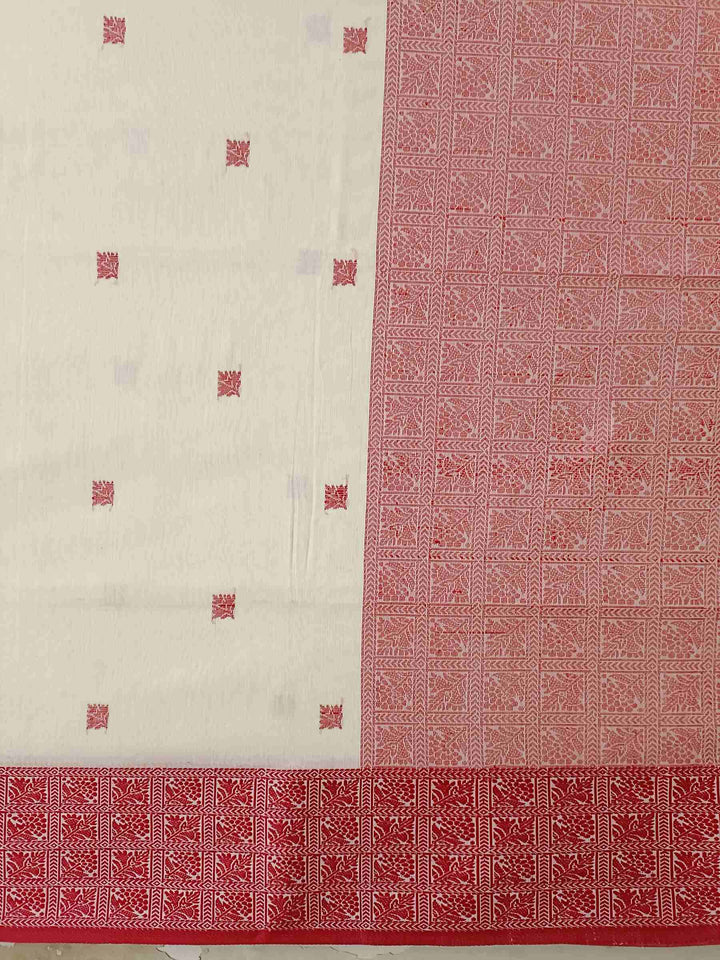 Off-White & Red Premium Quality Handloom Cotton Saree Balaram Saha