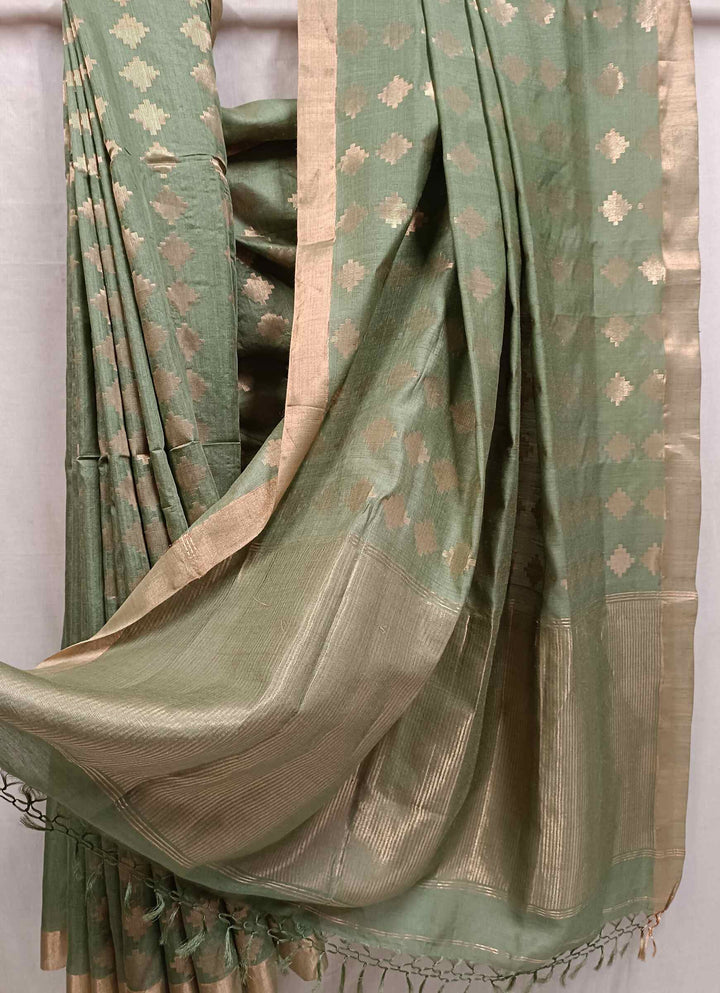 Green & Gold Zari Woven Soft Handloom Tussar Silk Saree Balaram Saha