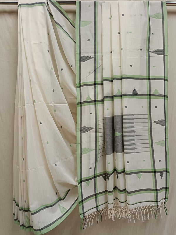 White and Green Handloom Soft Cotton jamdani  Saree Balaram Saha