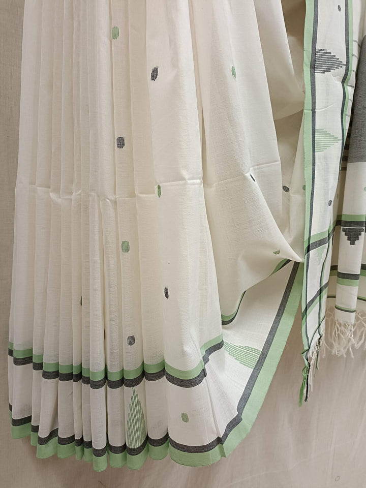 White and Green Handloom Soft Cotton jamdani  Saree Balaram Saha