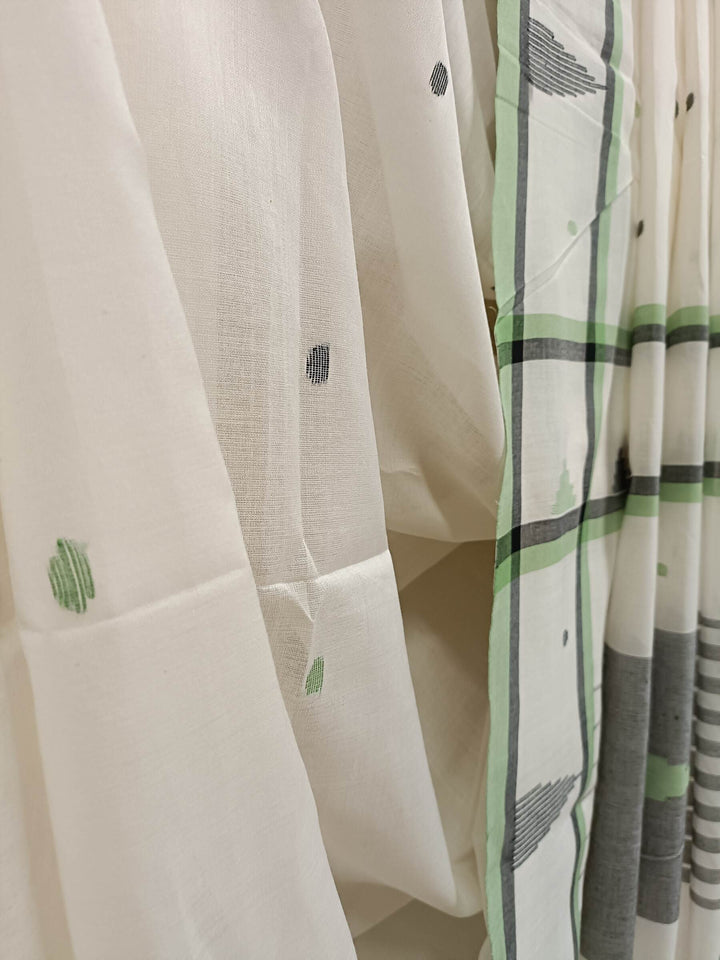 White and Green Handloom Soft Cotton jamdani  Saree Balaram Saha