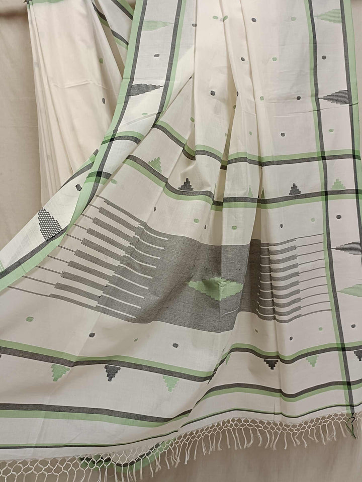 White and Green Handloom Soft Cotton jamdani  Saree Balaram Saha