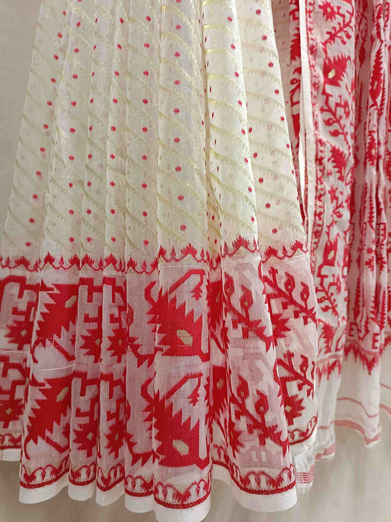 White & Red, soft handloom Jacquard weave Jamdani design, cotton by resham saree. Balaram Saha