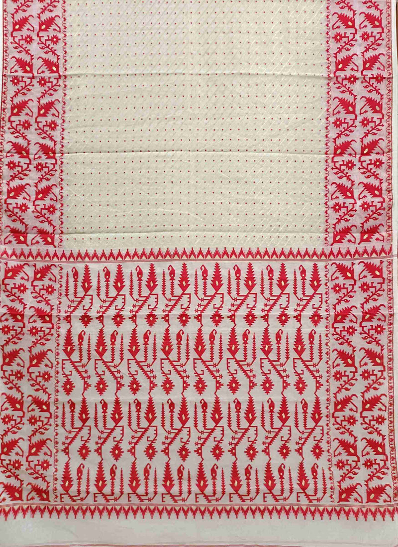 White & Red, soft handloom Jacquard weave Jamdani design, cotton by resham saree. Balaram Saha