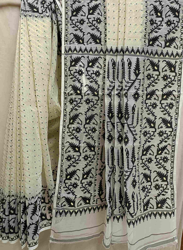 White & Black, soft handloom Jacquard weave Jamdani design,  saree. Balaram Saha