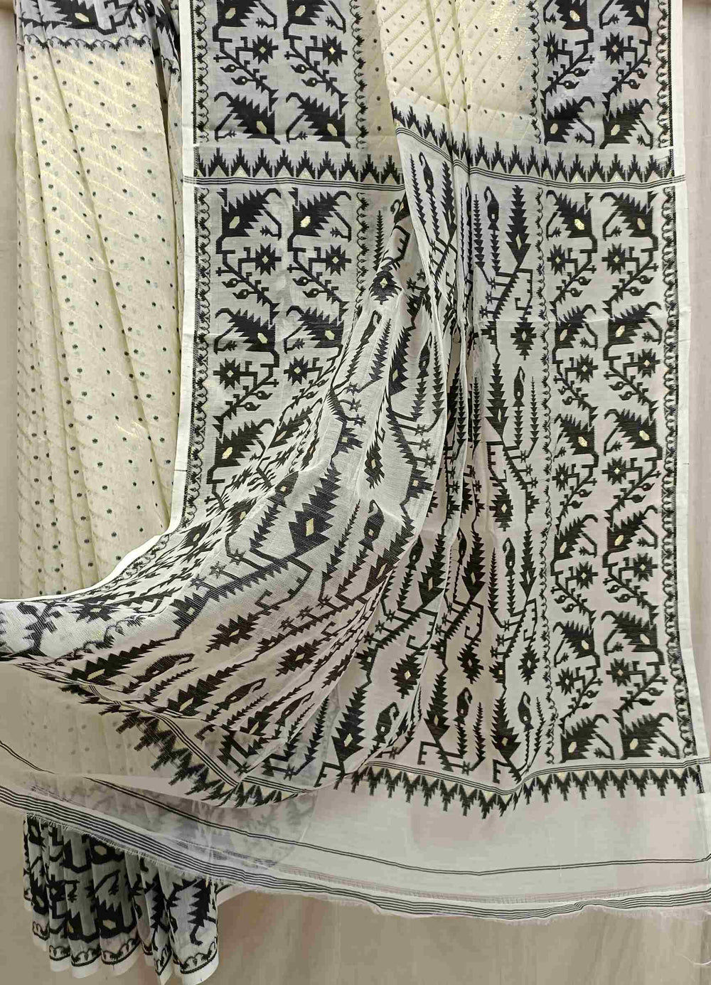 White & Black, soft handloom Jacquard weave Jamdani design,  saree. Balaram Saha