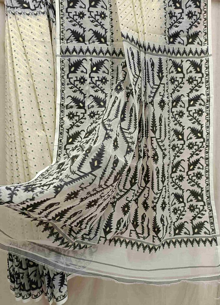 White & Black, soft handloom Jacquard weave Jamdani design,  saree. Balaram Saha