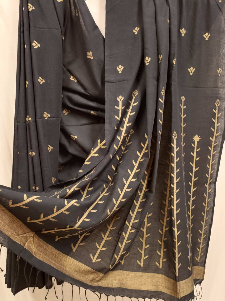 Black & Mustard Handspun Handwoven Cotton jamdani Saree Balaram Saha