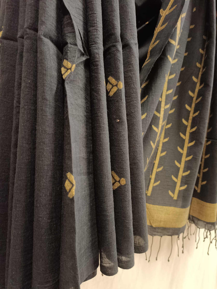 Black & Mustard Handspun Handwoven Cotton jamdani Saree Balaram Saha