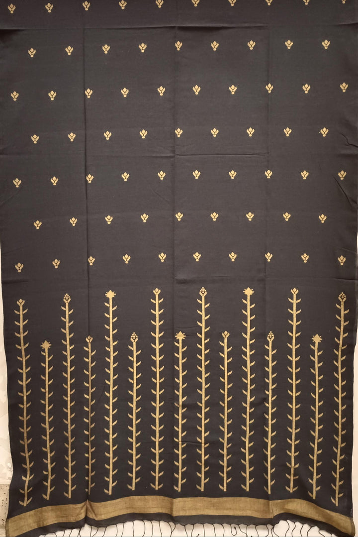 Black & Mustard Handspun Handwoven Cotton jamdani Saree Balaram Saha