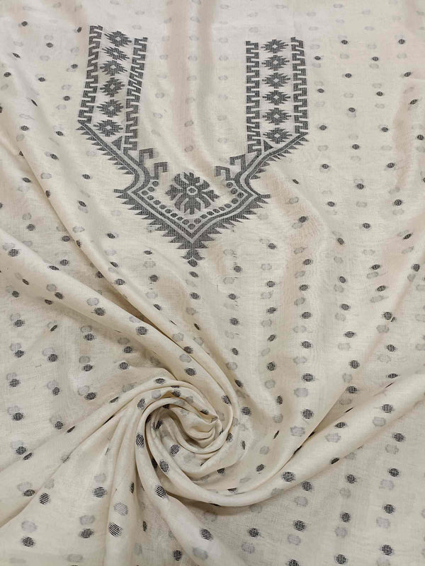 Of-White & Black Soft Handloom Jacquard Jamdani Kurta Piece (Tussar/Cotton) Balaram Saha