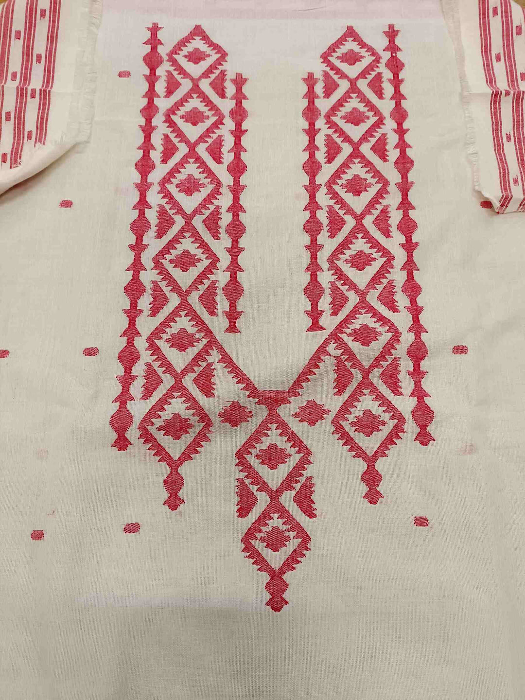 White and Red Handwoven Dhakai jamdani Unisex kurta Piece Balaram Saha
