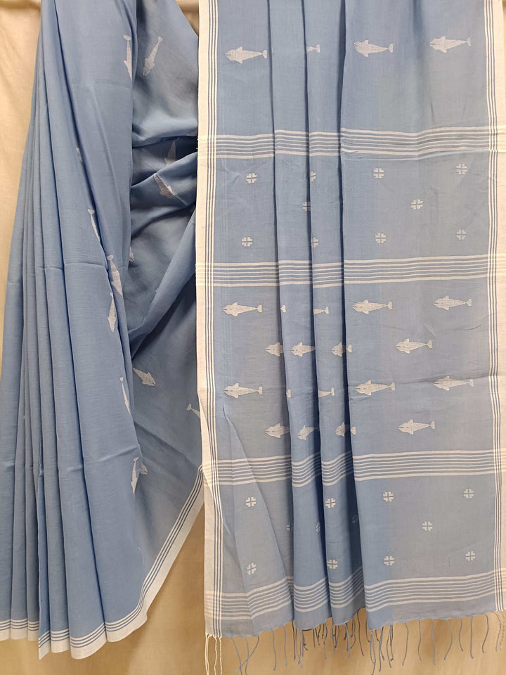 Muslin Cotton Jamdani Saree by Balaram Saha – Navy Blue & White Elegance