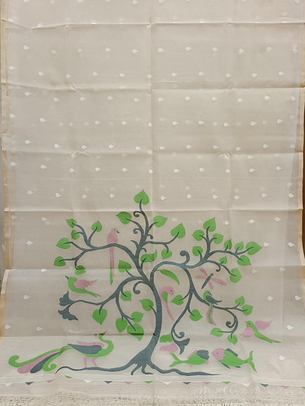 Off White Handloom Muslin Silk Handwoven Jamdani Saree Balaram Saha