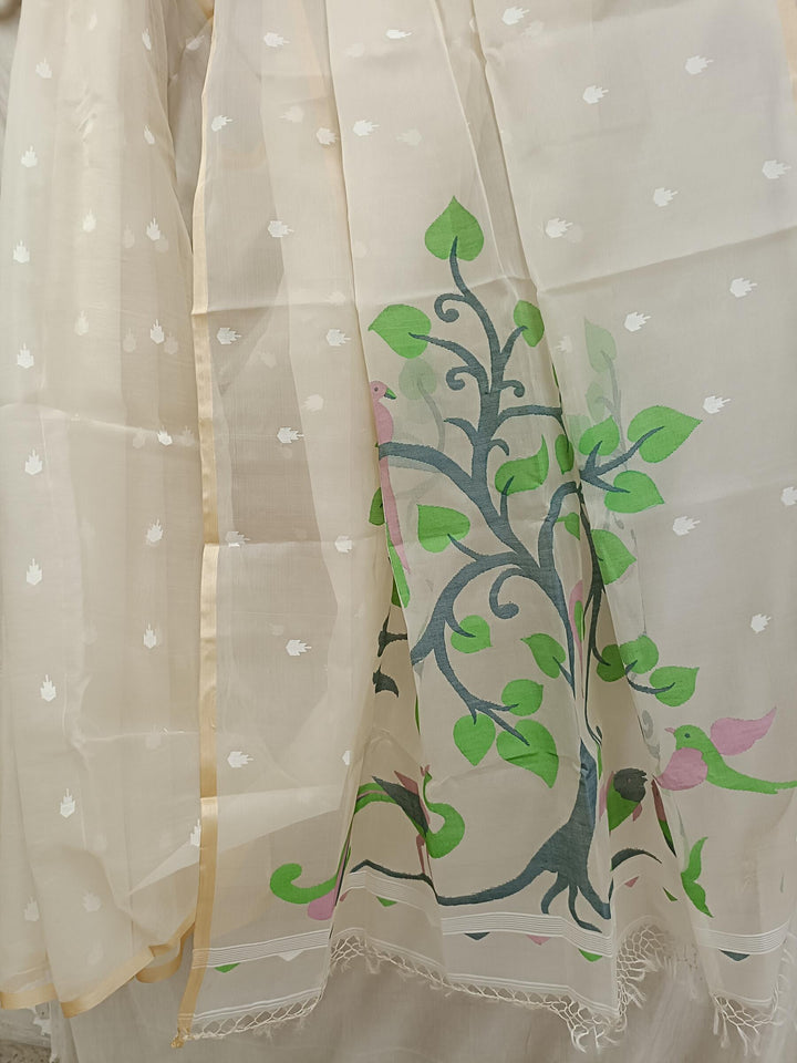 Off White Handloom Muslin Silk Handwoven Jamdani Saree Balaram Saha
