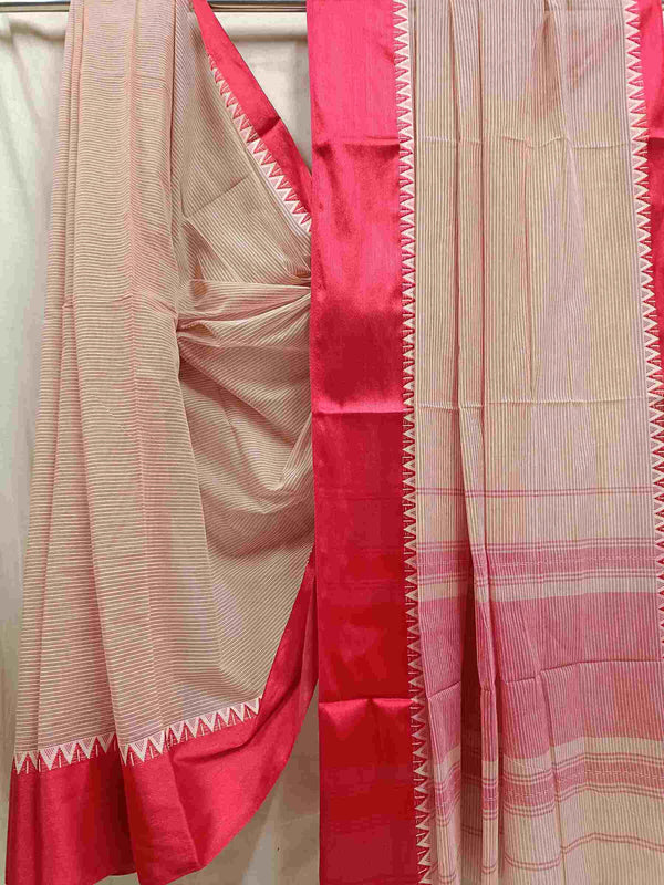 Beige & Red Handloom Traditional Dhonekali Cotton Saree Balaram Saha