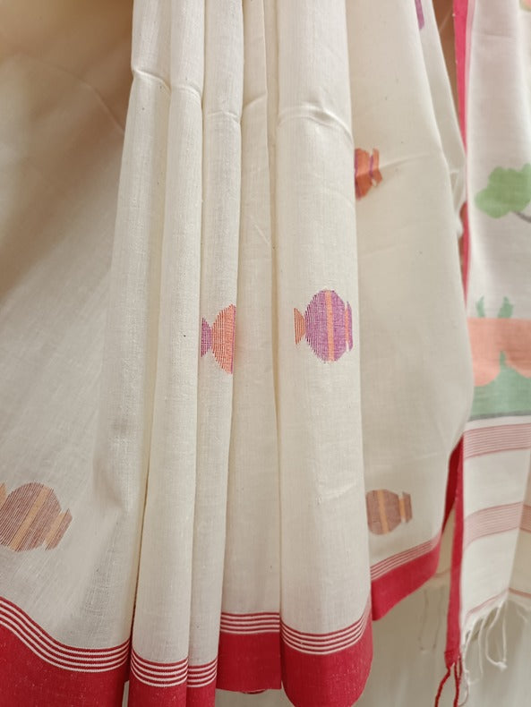 Handloom Handspun Cotton Jamdani Saree with Clay Pitcher and Historical Motifs Balaram Saha